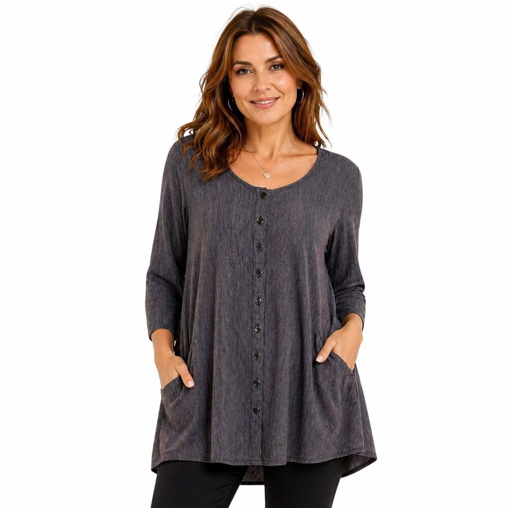 Tulip Tunic Blouse Womens Medium Gray Striped Scoop Neck Button Front Pockets